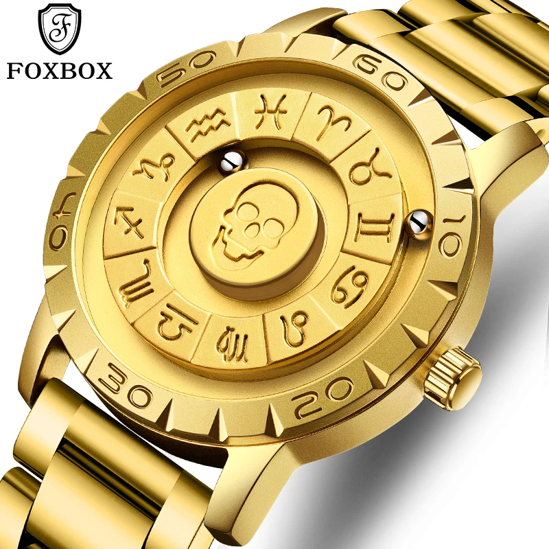 FOXBOX Men Clock Luxury Brand Stainless Steel Scrolling Bead Quartz Watches for Men Magnetic Force Waterproof Military Watch Man