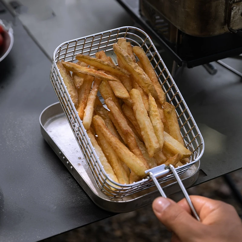 Filets et paniers frits d'extérieur, frites frites pliantes en acier inoxydable 304, boîtes à déjeuner de pique-nique