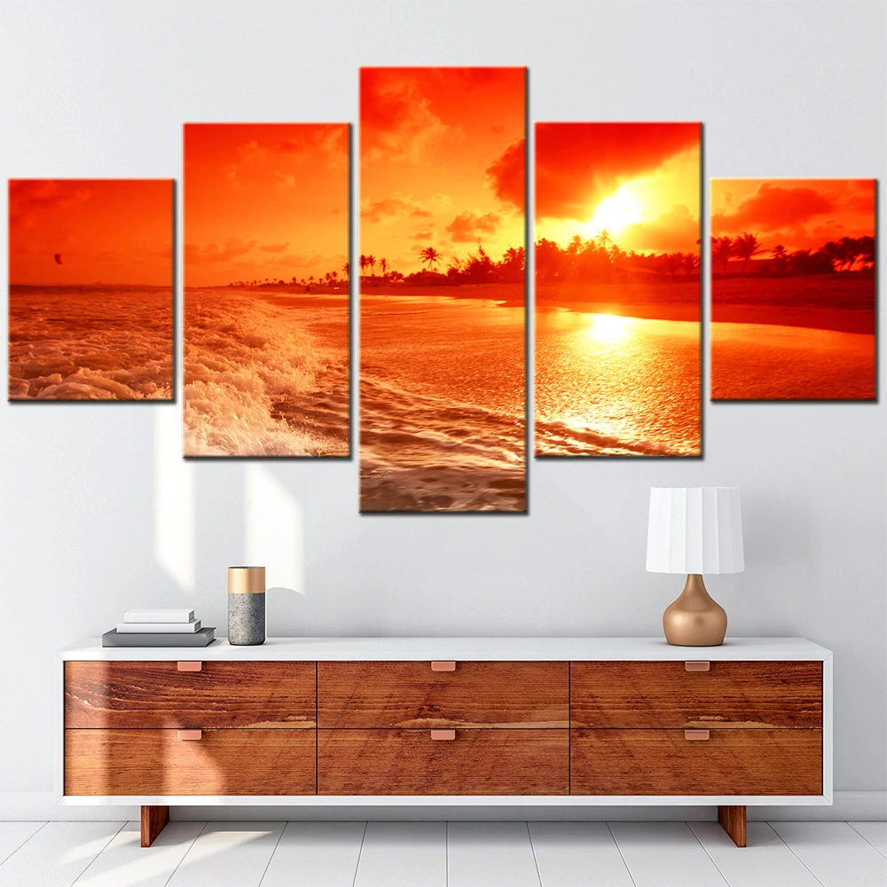 Modular HD Canvas Prints Posters Home Decor Wall Art Picture 5 Pieces Ocean Sunrise Golden Sky Painting Room Decoration Teenager