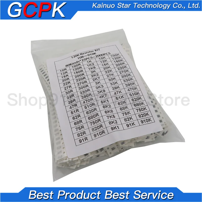 

2000pcs 1206 SMD Resistor Kit Assorted Kit 1ohm-1M ohm 5% 80valuesX 25pcs=2000pcs Sample Kit