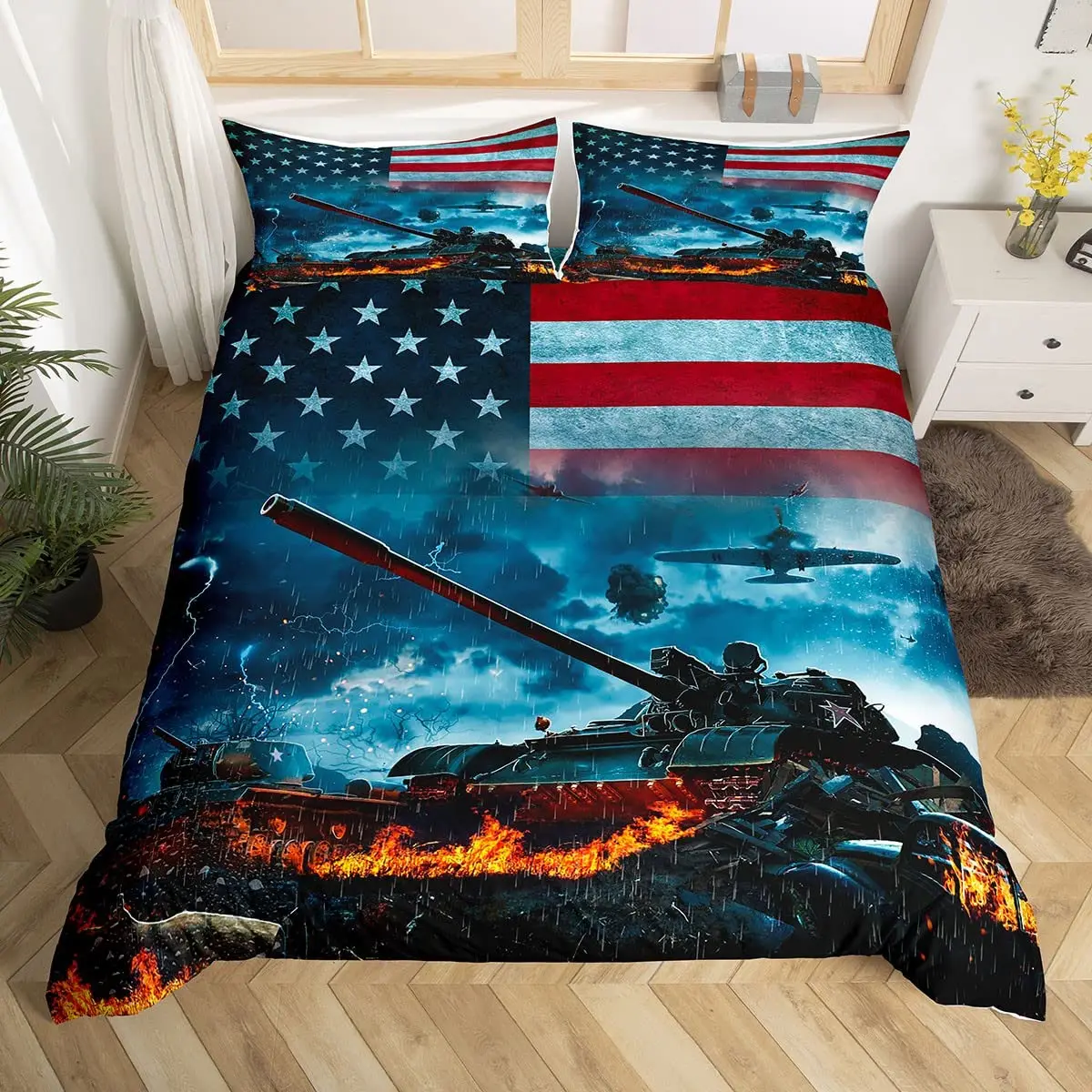 War Theme US America Army Tank Gun 3D Printed Bedding Set Cozy Duvet Cover King Queen Twin Size Birthday Gift Boy Kid Room Decor