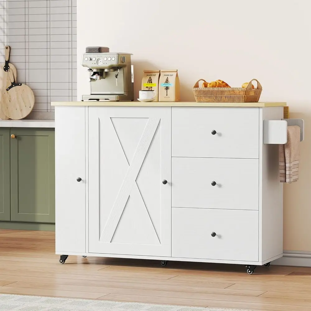 

47.2in Rolling Kitchen Island with Storage, Drop Leaf, Cabinets, and Towel Rack for Home & Dining