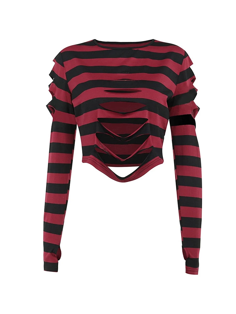 Women Ripped Crop Tops Gothic Long Sleeve Round Neck Striped Print Loose y2k Grunge Loose Pullover T-Shirts Halloween Costume