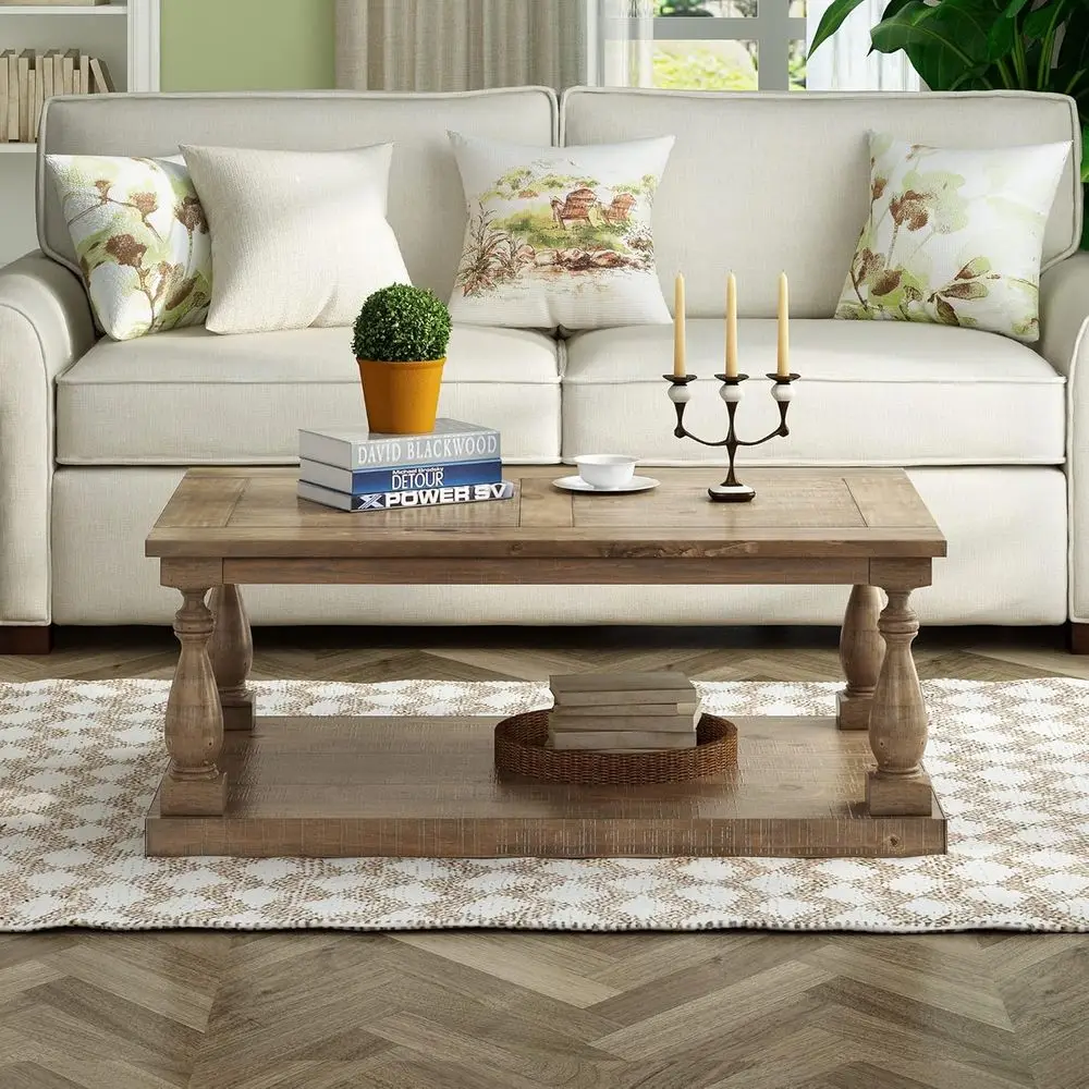

Rustic Pine Wood Coffee Table with Open Shelf, Large Storage, for Living Room, Easy Assembly, Durable Walnut Finish