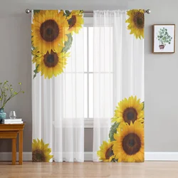 Sunflower Flower White Print Sheer Window Panel Curtains Room for Living Room Bedroom Kitchen Room Chiffon Tulle Curtains