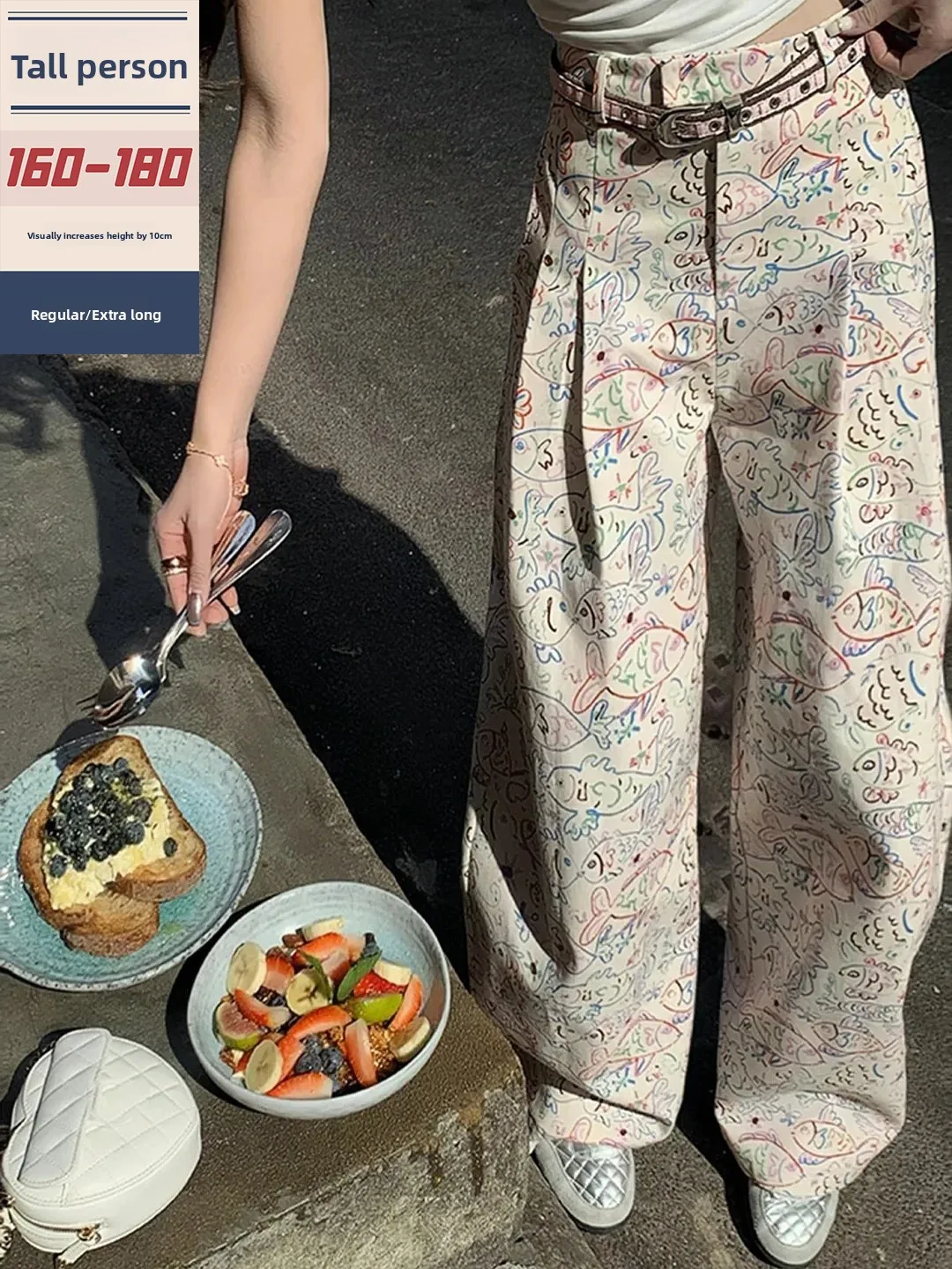 

High Waist Wide Leg Jeans Women's Summer Slimming Versatile Sweet Casual Denim Pants Long Length Cartoon fiti Design