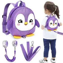 Toddler Harness Backpack Leash, Cute Penguin Kid Backpacks with Anti Lost Wrist Link(Purple)