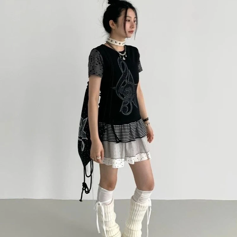 Frühherbst neuer Damen-Patchwork-Faltenrock im Ödland-Stil, japanischer Y2K-Harajuku-Stil, würziges Mädchen, gepunkteter gestreifter Rock