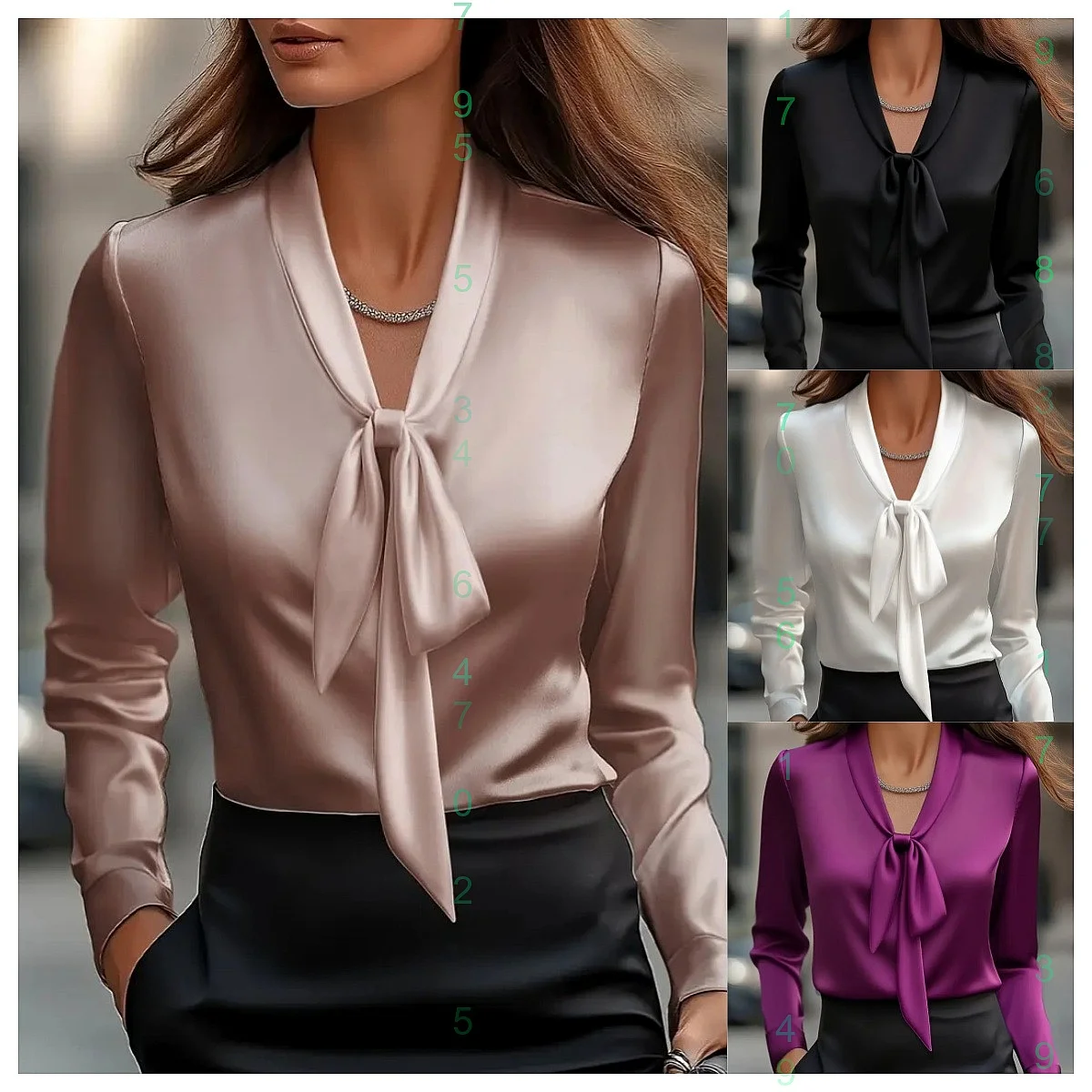 

Fashion Elegant Long Sleeve Blouse Top Solid Color Satin Tie Front Shirt Tops Spring Summer