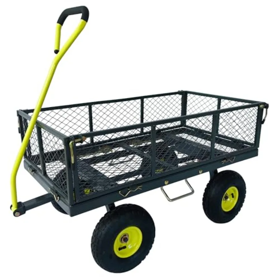 3-in-1 Dual Side Dump Wagon with Fold-Down Sides for gardening and hauling, heavy-duty steel frame, black finish, 20 x 38 inch