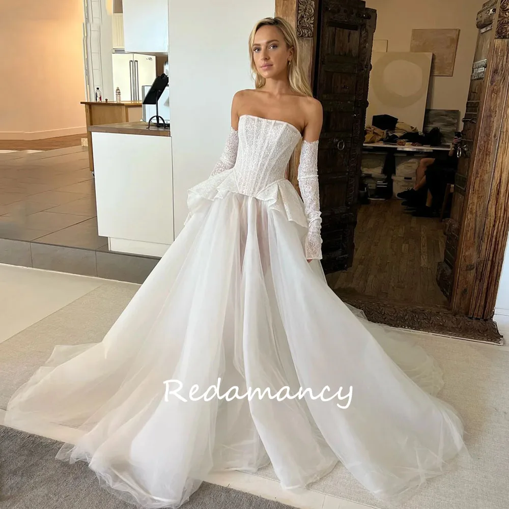 Redamancy-Robes de mariée en tulle ligne A pour femme, paillettes, manches longues, patients de campagne, fête de mariage formelle, quoi que ce soit