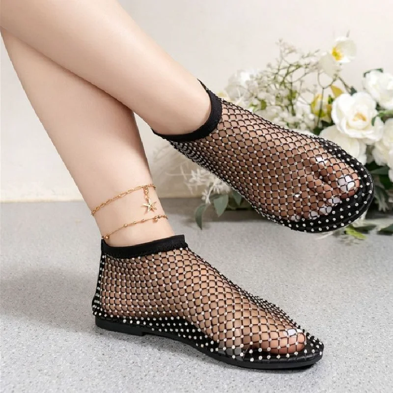 Hollow Fishnet Rhinestone Sandals Ladies Breathable Summer Flat Uffled Netted Rhinestone Foot Set Short-tube Sandals