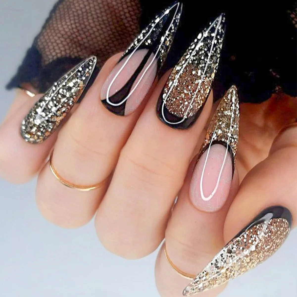 

3D fake nails accessories super flash black gold glitter short french spike tips faux ongles press on false acrylic nail supplie