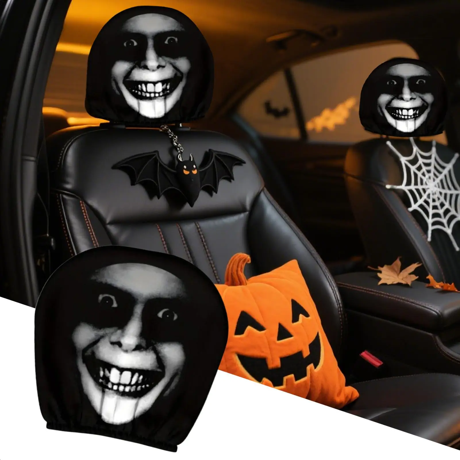 Halloween Elastic Car Headrest Covers, Soft Breathable Seat Protectors for Sedan Van Truck, Spooky Decor for Daily Commute Taxi view 2