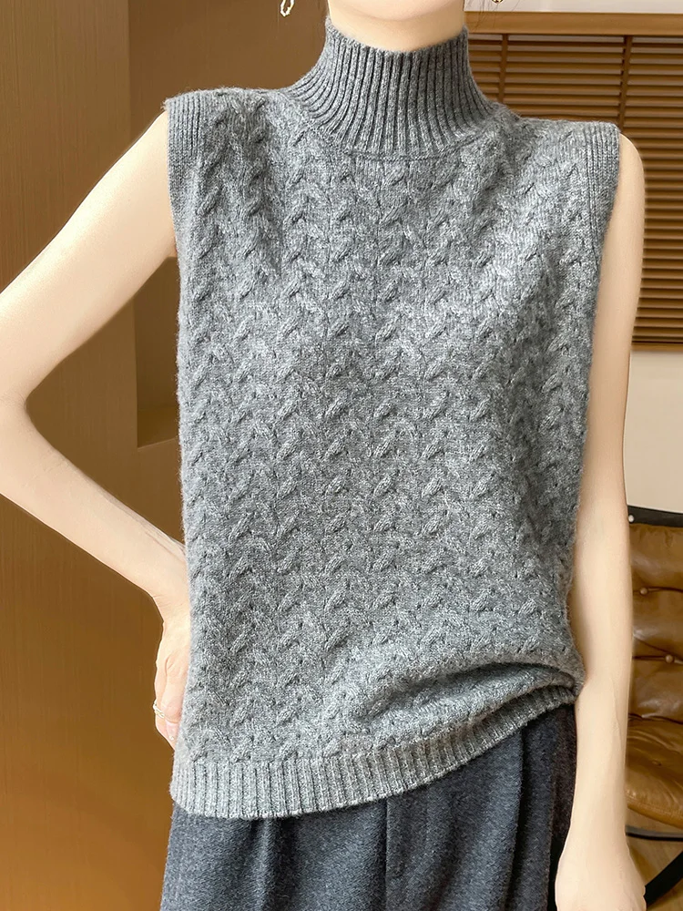 New Chic Women Waistcoat Mock Neck 100% Merino Wool Hollow Cable Knit Cashmere Sweater Autumn Winter Sleeveless Pullover Tops