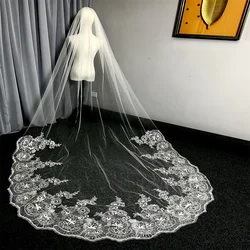 Sequined Lace One Layer Wedding Veil 3m/4m/5m with Comb White Lace Edge Bridal Veil Ivory Appliqued Cathedral Style for Brides