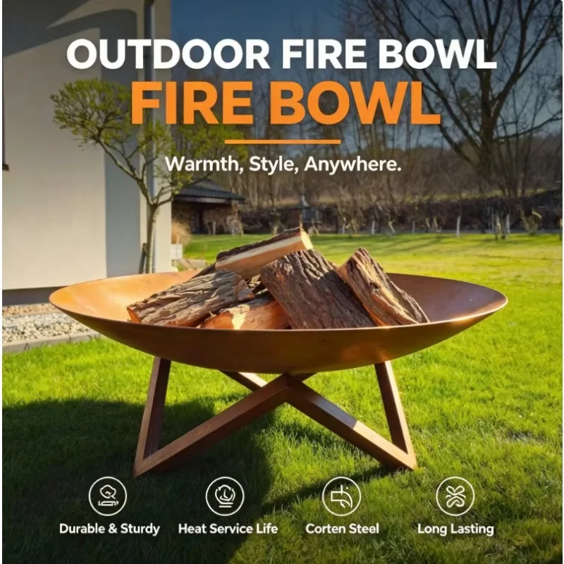 Brazier foldable tripod, rusted imitation wood appearance, durable, outdoor yard backyard camping, portable freestanding,