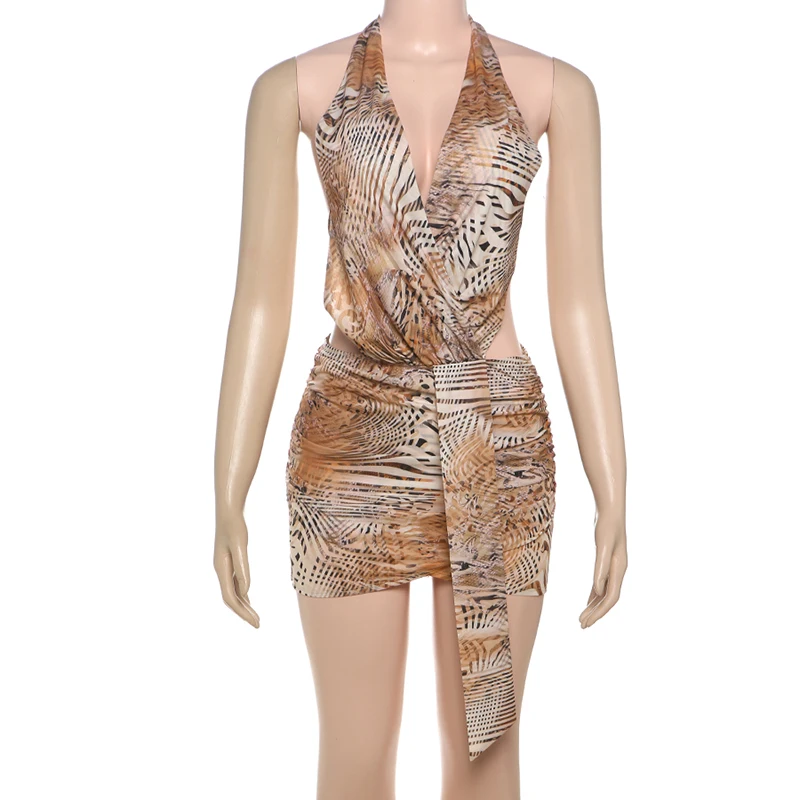 Mini abito increspato con lacci sexy senza schienale da donna Halter Cut-Out Stampa Vestito estivo 2025 Summer Beach Harajuku Y2K Clothes