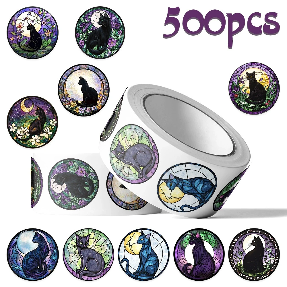 

500pcs Gothic Cute Black Cat Moon Cartoon Stickers Roll Aesthetics Glass Animal Sealing Label Decals for Kid Reward Sticker Gift