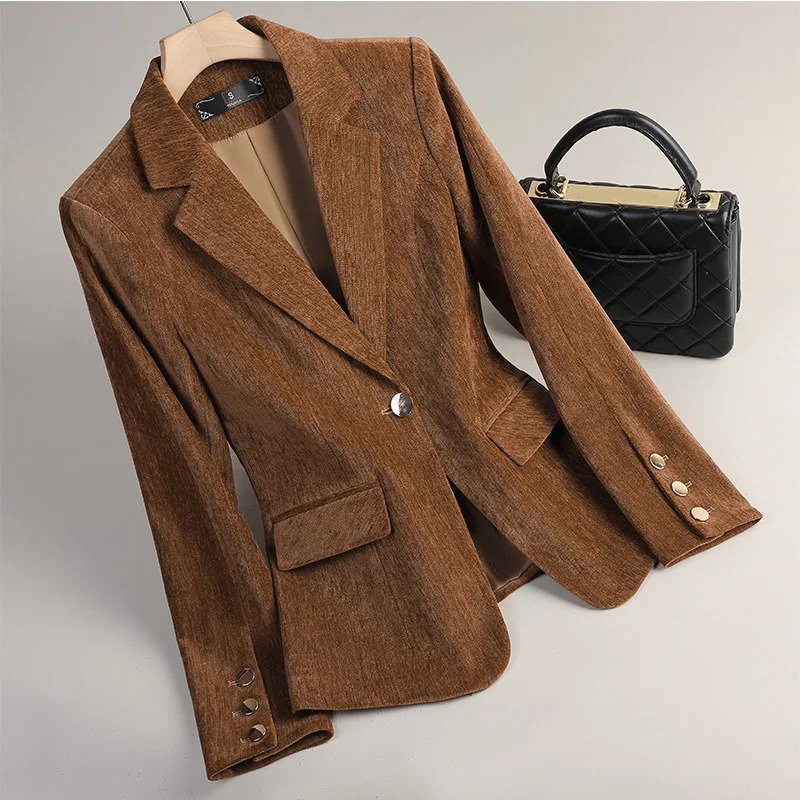 Yellow Gold Velvet Blazer Women Autumn Winter Casual Suits Fashion Office Ladies Blazer Business Work Wear Formal Jacket Coat