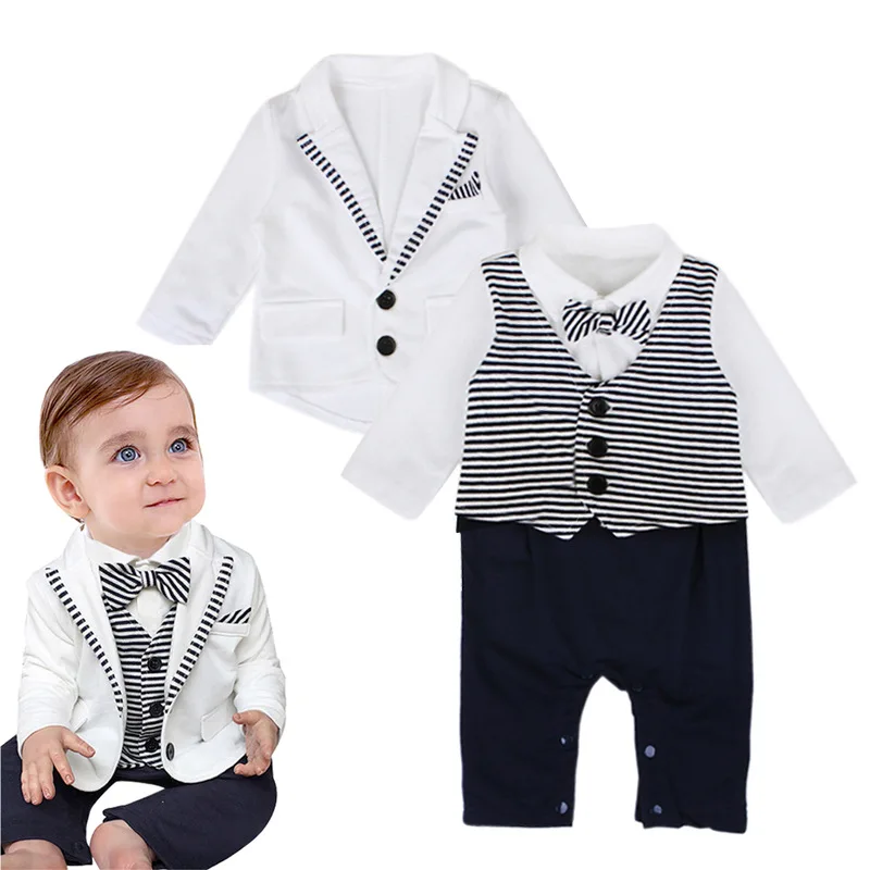 

Toddler Boy Clothes Suit Striped Bow Jumpsuit+Coat 2Pcs Set Autumn Long Sleeve Gentleman Romper Overall Kid Wedding Costume A638