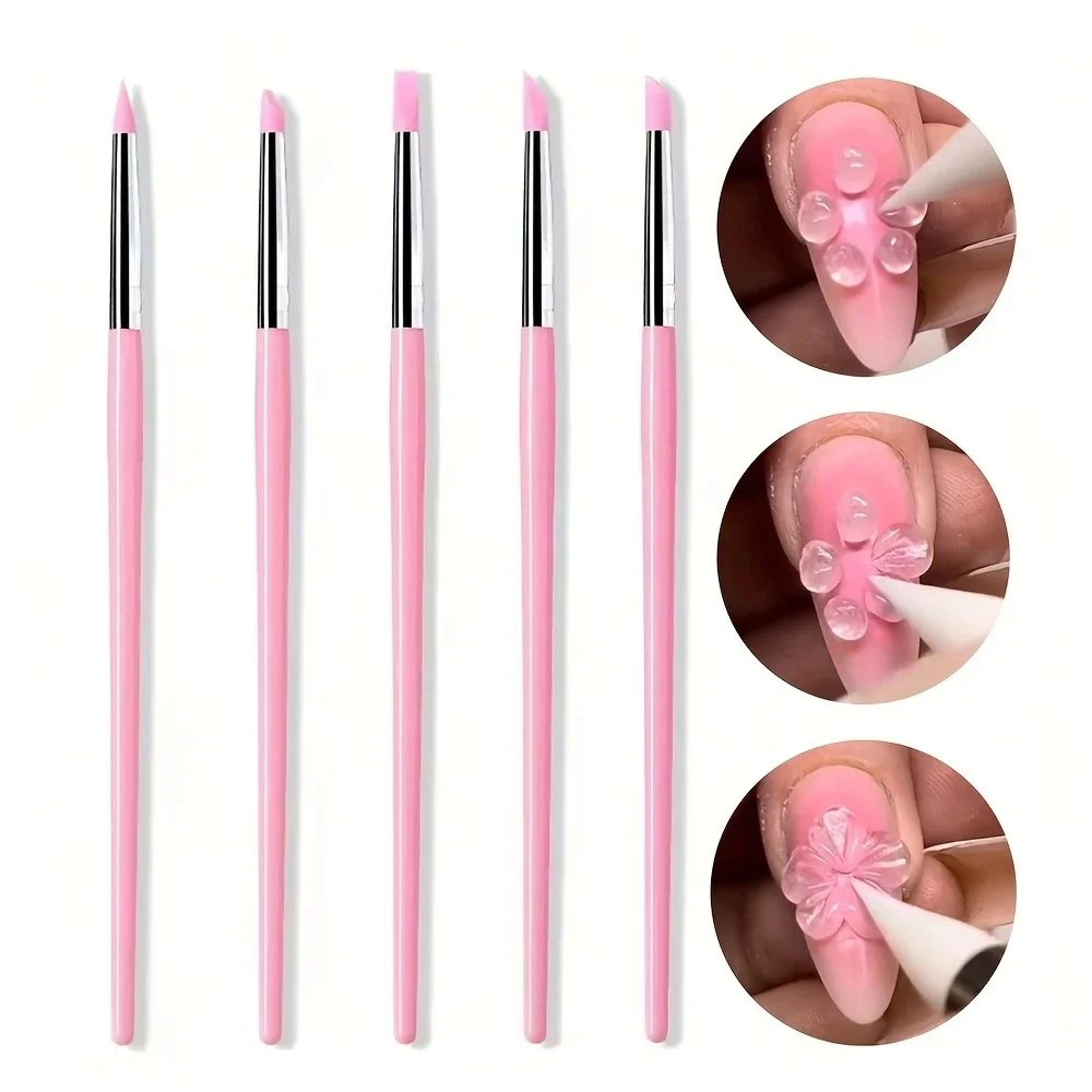 5 pz/set Rosa Del Silicone Unghie Artistiche Pennelli FAI DA TE Intagliare Goffratura Hollow Gel Che Modella Unghie Scultura Penna Disegno Pennelli Strumenti Manicure *