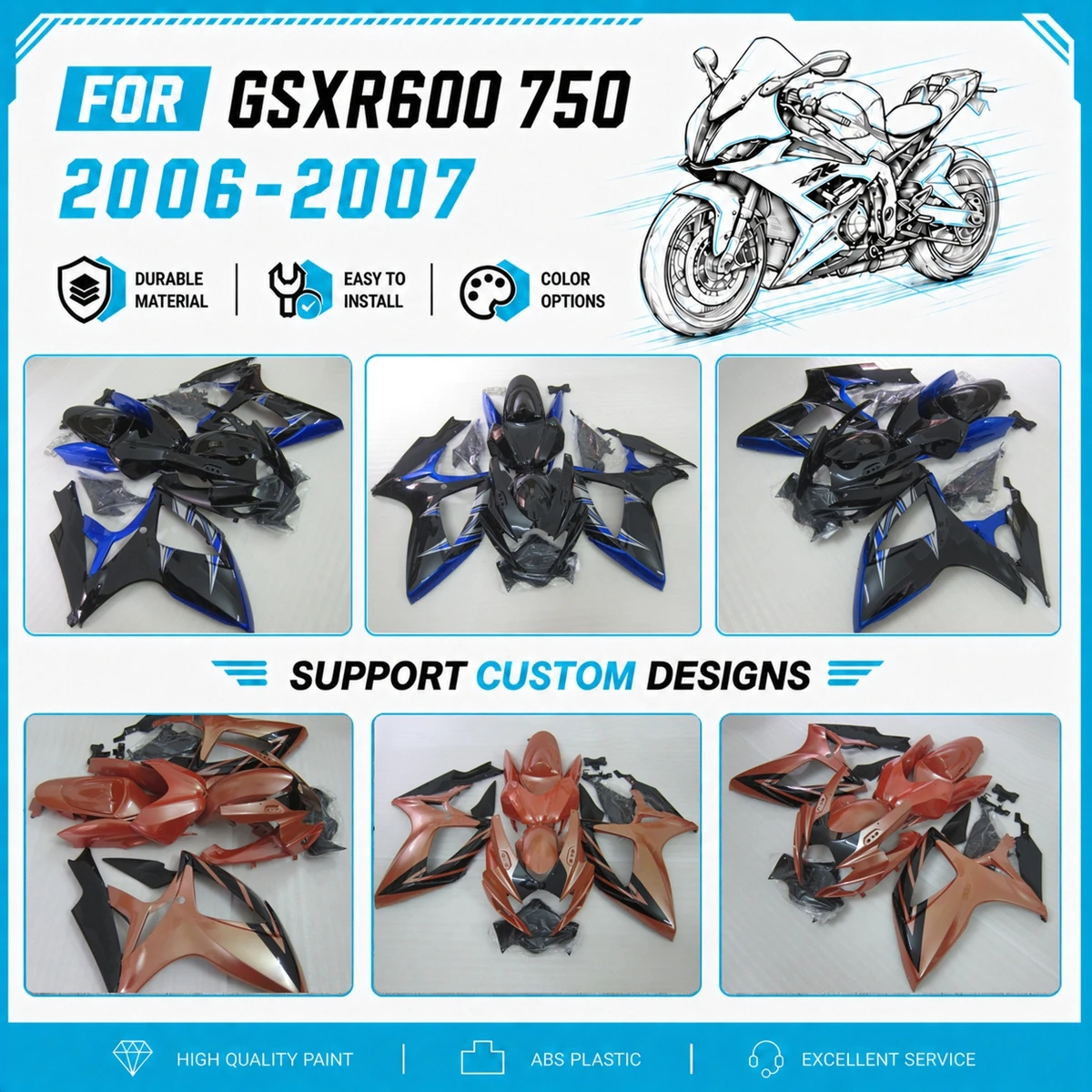 Motorcycle Custom Color Fairings ABS for GSXR600 GSXR750 2006 2007 06 07 Full Injection Molded Fairing Kit Parts