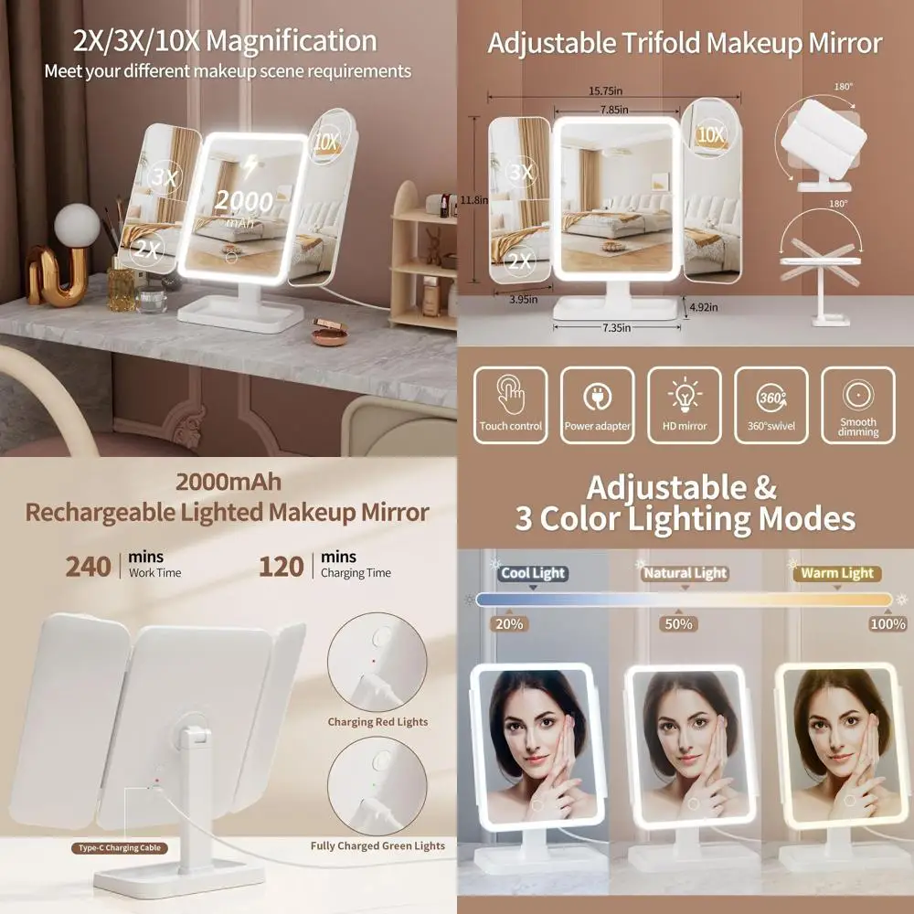 مرآة زينة LED محمولة مع 70 مصباحًا، تكبير 2X-10X، سطوع قابل للتعديل، مثالية للسفر والهدايا #1