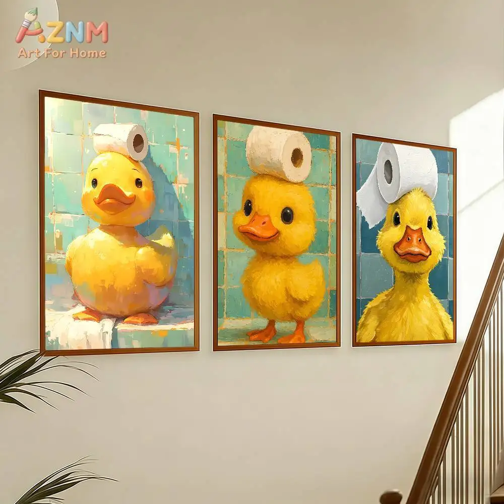 AZNM Cute Rubber Duck Toilet Paper Canvas Wall Art, Funny Bathroom Decor Duck Painting, Whimsical Animal Print Poster, Modern Fr