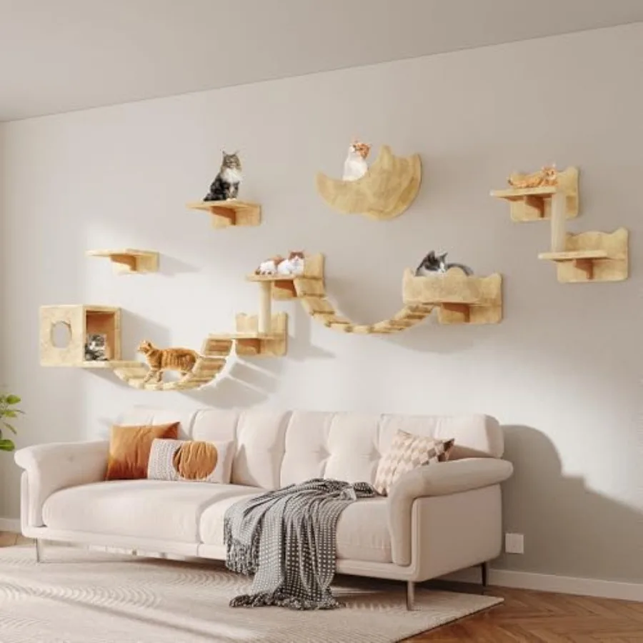 

Cat wall shelves for home use plush fabric material gray color space-saving multi-level design with moon hammock condo steps br