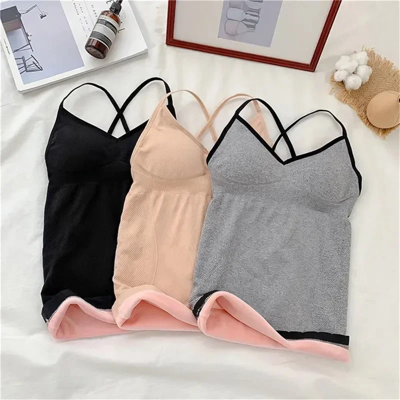 

Winter Women Thermal Vest Velvet Underwear Thick Warm Cross Strap Tank Top Fleece Camisole Slim Warm Sling Female Thickened Vest