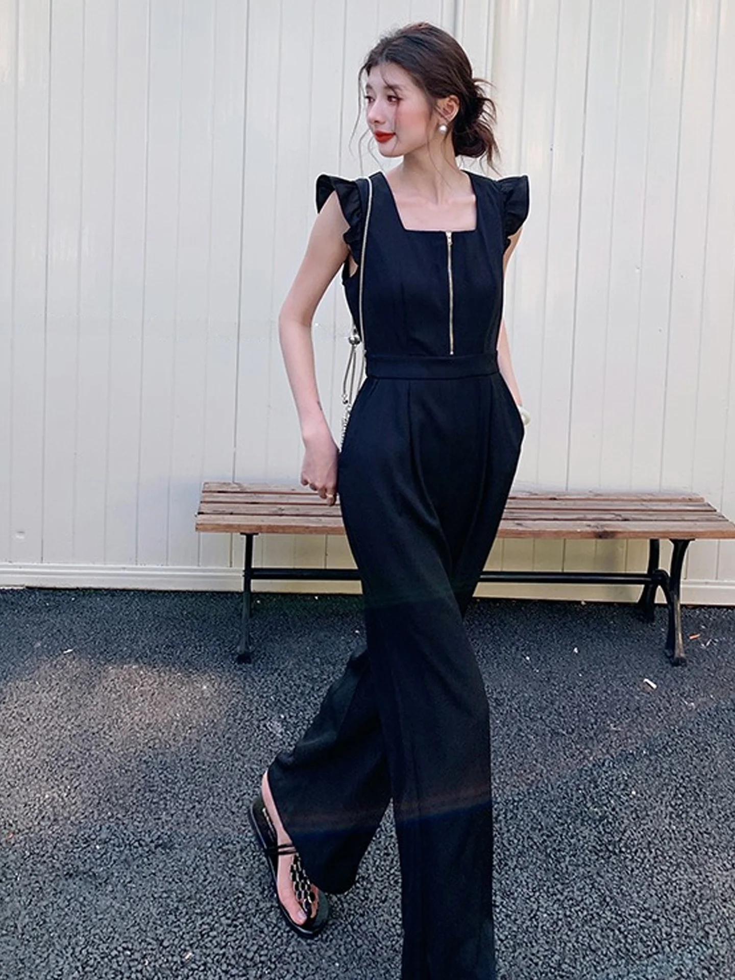 

Ele винтажные черные брюки для похудения, летний костюм Godd Sle с широкими штанинами и широкими штанинами Dr Faionable, женский костюм