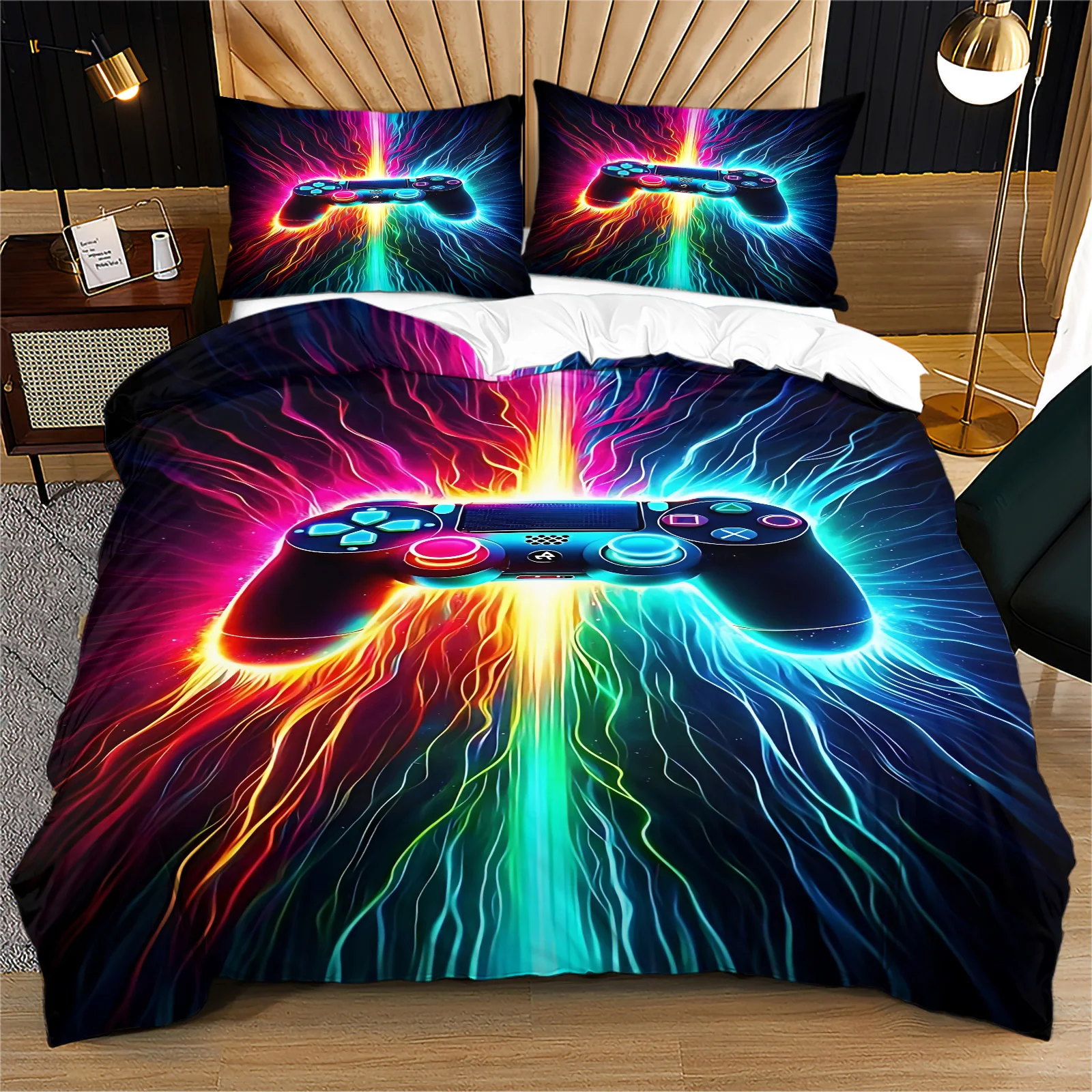 Neon Lightning Game Controller Duvet Cover Set Colorful Rainbow Gamepad Bedding Set Quilt Cover Gamer Bedroom Home Decor Gift