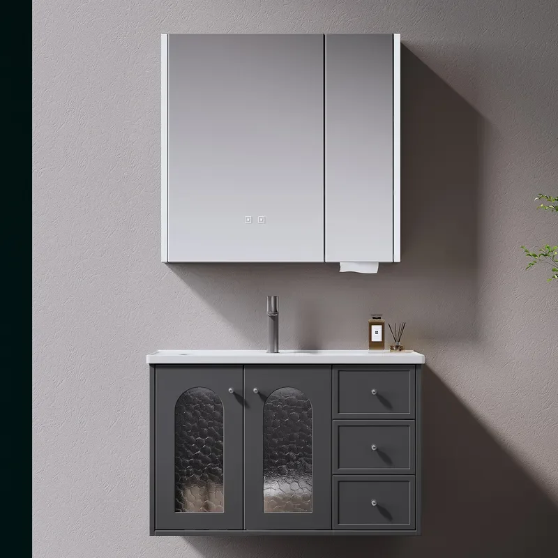 Grey Modern Intelligent Hotel Use Bathroom Cabinet Combination 80/90/100cm Multi-Layer Solid Wood Wall-Mounted Defogging