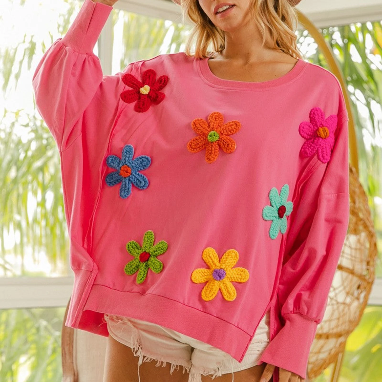 Süßes 3D-Blumen-Sweatshirt für Damen, Kontrastfarbe, lange Ärmel, Rundhalsausschnitt, lockere, lässige Pullover-Oberteile