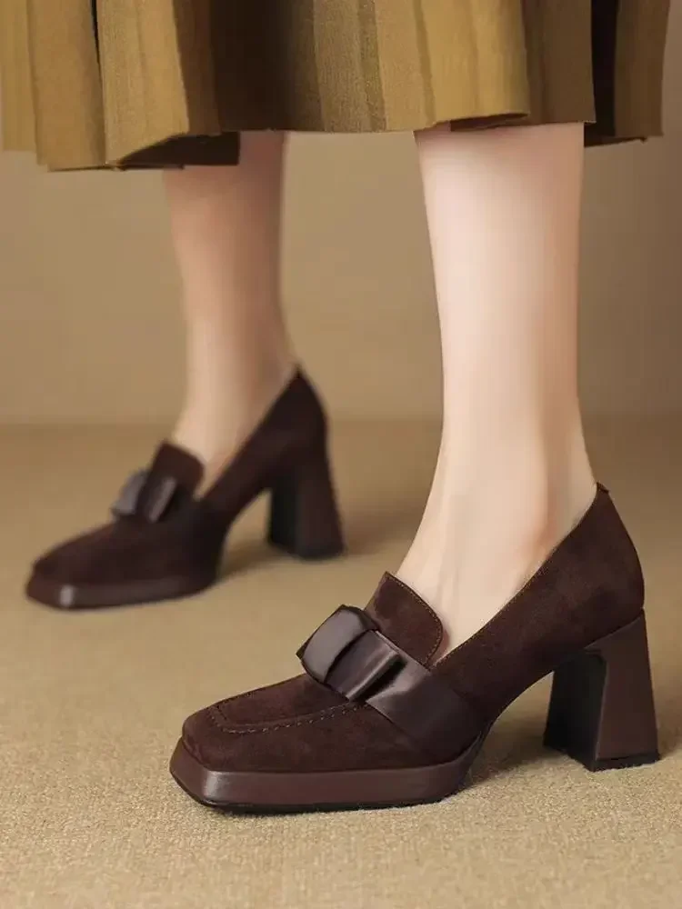 

Women High 2025 New Heels Fashion Bow Dress Loafers Female Platform Heels Leather Shoes Mary Jane Retro Women Shoes Solid Color