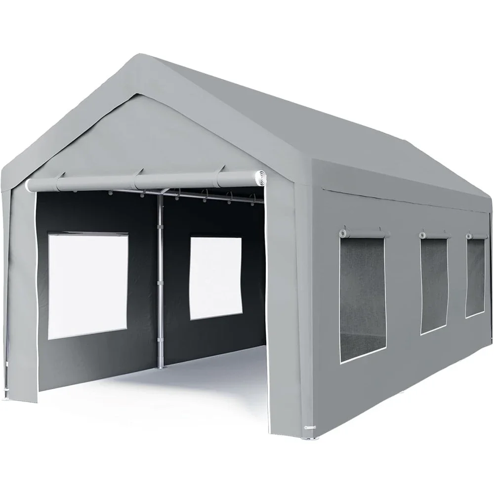 Carport with Roll-up Ventilated Windows, Anti-Snow Car Port Heavy Duty Car Canopy RV Carport Canopy Portable Garage Shelter