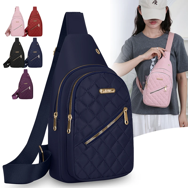 Quilted Diamond‑Pattern Women Chest Bag, Lightweight Oxford Sling Bag, Casual Multi‑Pocket Mini Crossbody Backpack