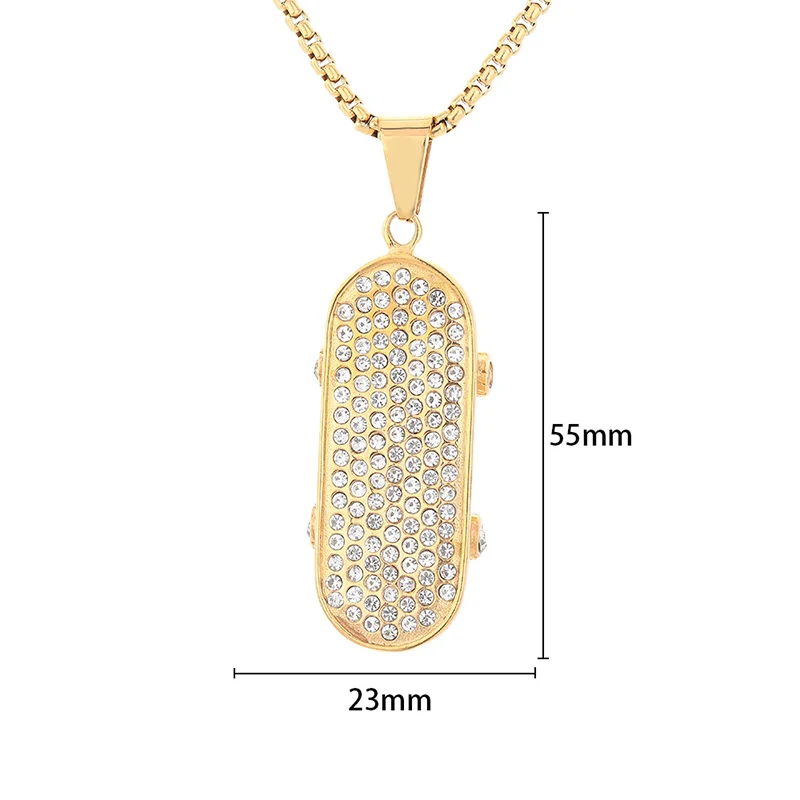 Hip Hop Bling Iced Out Stainless Steel Skateboard Pendants Necklace for Men Rapper Jewelry Gold Color