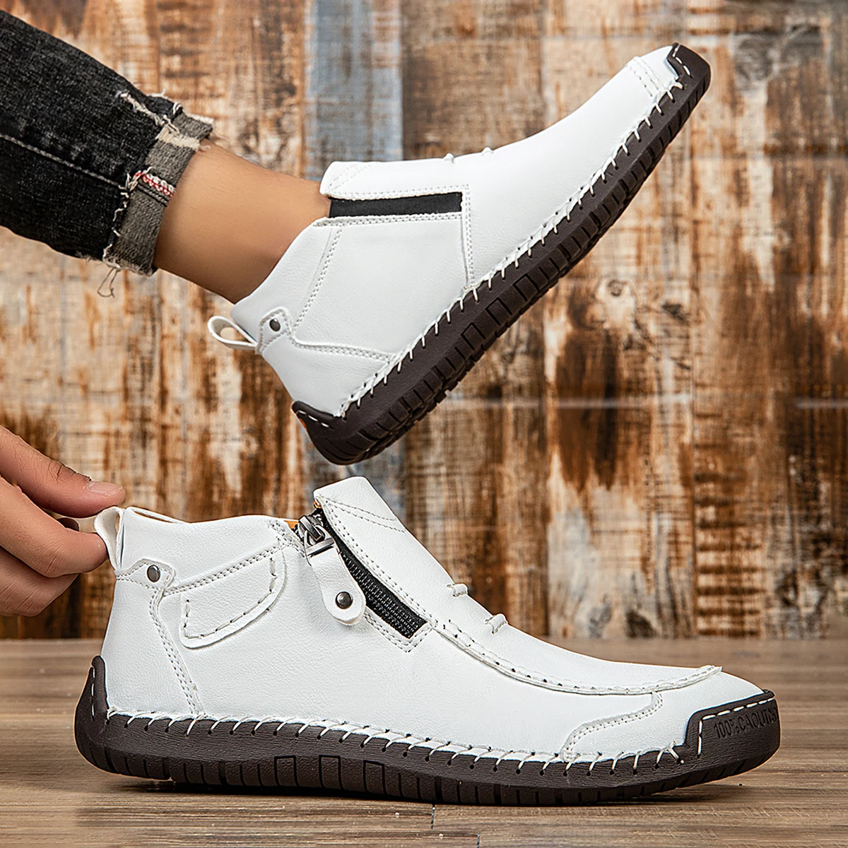 New Classic Handmade Leather Men's Shoes with Zipper Design Outdoor Sneakers Casual Flat Shoes Men Work Shoes Ankle Boots image 2