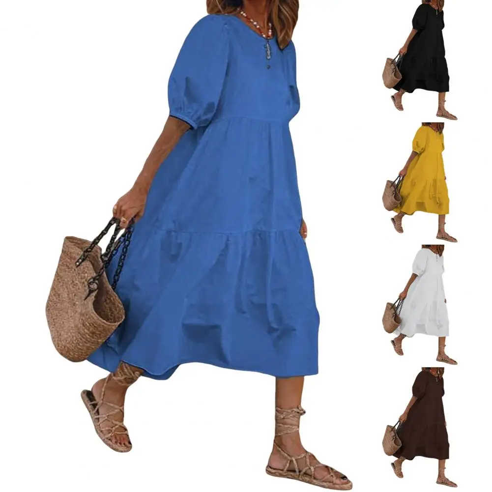 Vintage Fashion Women's Summer Midi Dress Boho Short Lantern Sleeves Sundress Crew Neck Linen Loose Beach Dress
