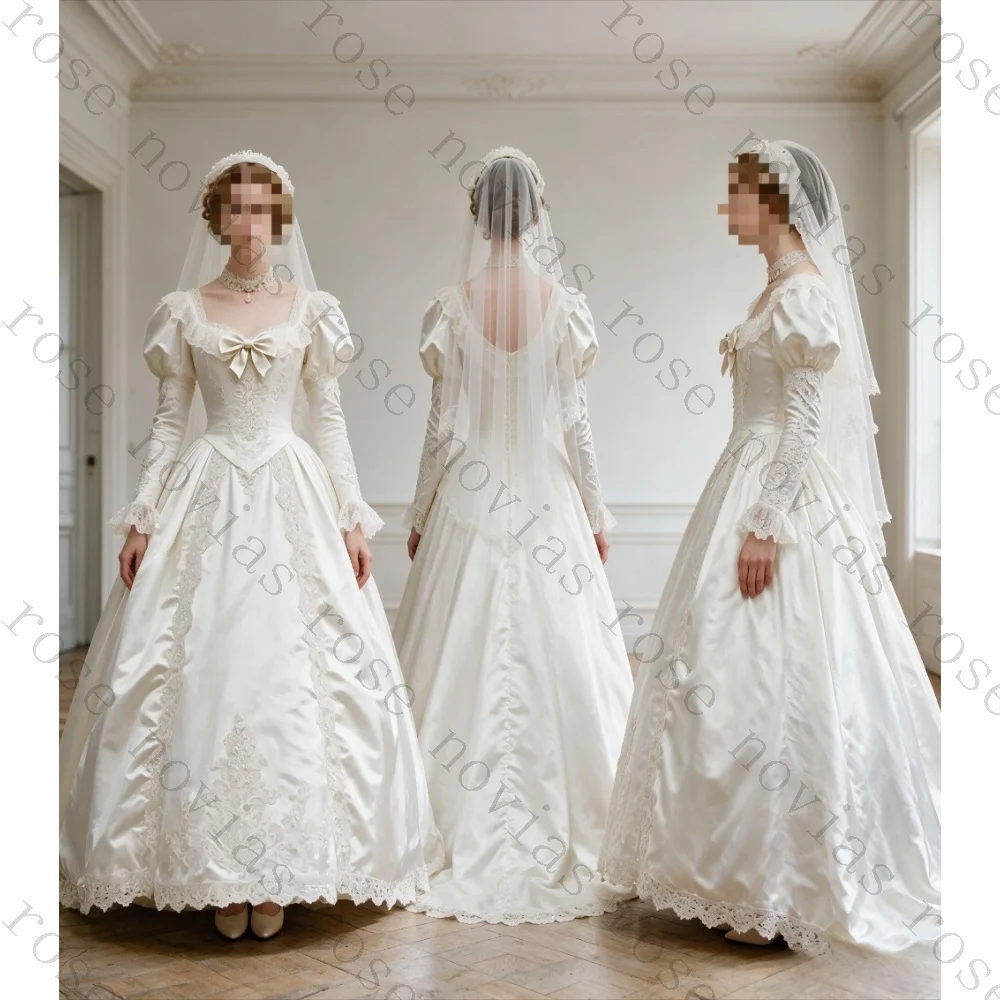 Customized Retro Square Neck Bubble Sleeve Victoria Wedding Dress 2026 Elegant Waist Cinched Backless Bow Princess Bridal Gown