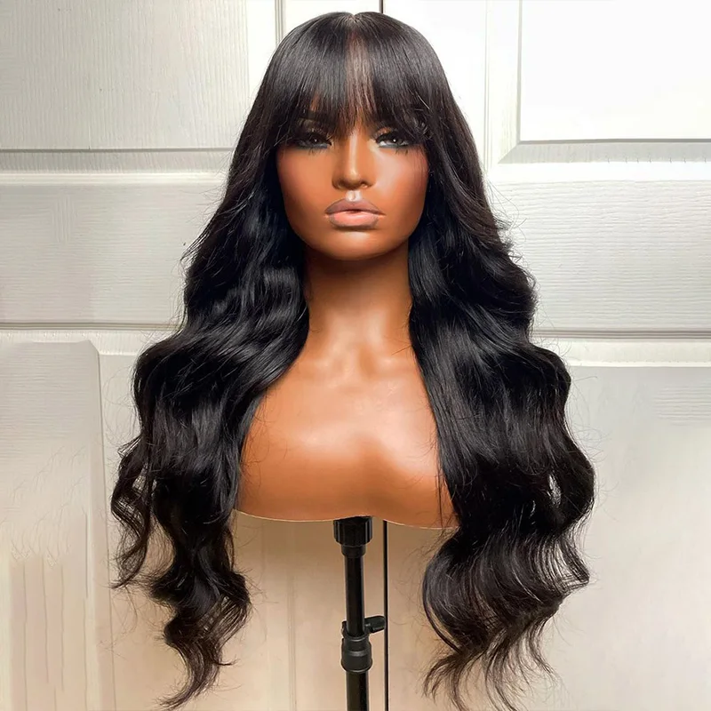 DialolaWig Body Wave pruik van echt haar met pony, Braziliaans, volledig machinaal gemaakt, lange natuurlijke Remy-haar pruik voor vrouwen