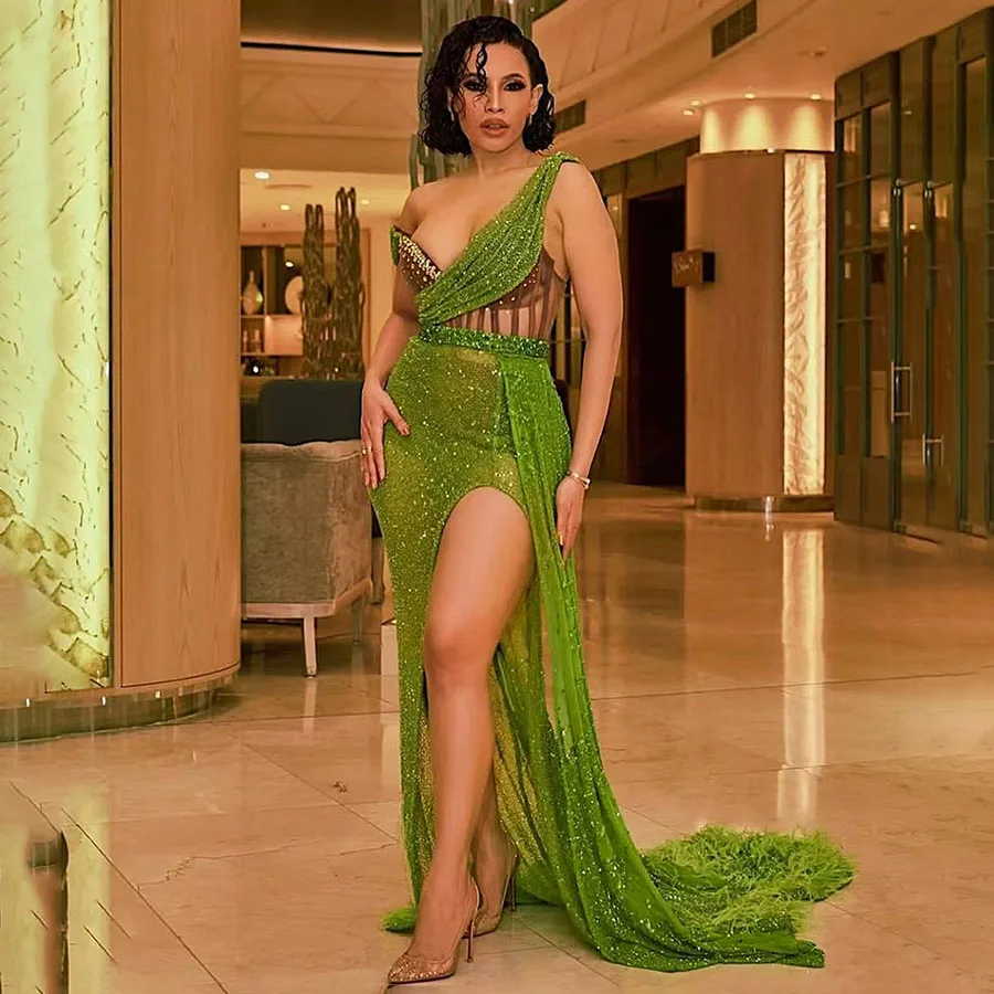 

BOEING 2025 зеленое элегантное сексуальное вечернее платье с разрезом по бокам, роскошное вечернее платье с блестками на одно плечо для выпускного вечера, Vestidos de fiesta по индивидуальному заказу