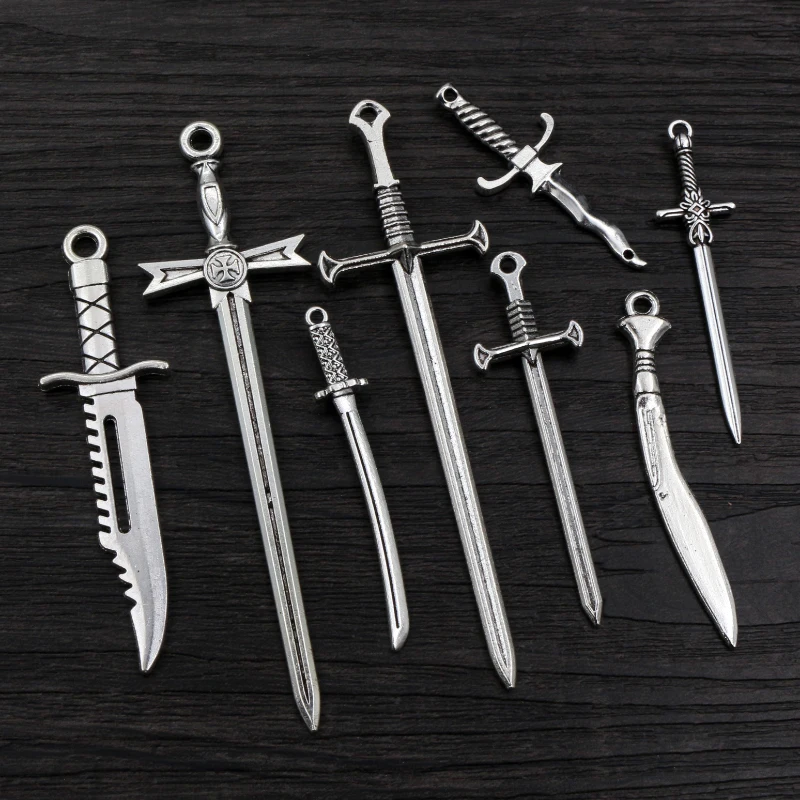 10pcs/lot Antique Silver Plated Sword Blade Charms Pedants DIY Jewelry Making Accessories for Necklace Craft Findings