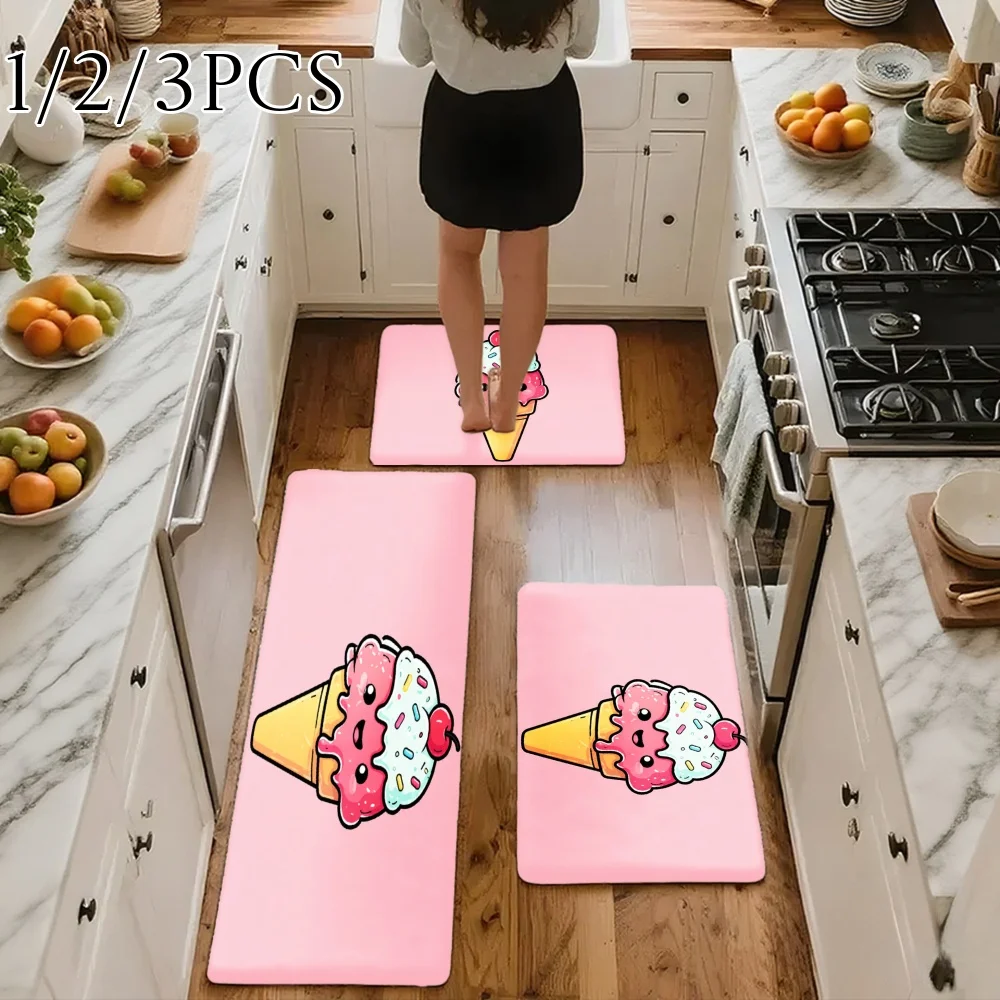 3PCS Kitchen Rugs,Home Decoration for Front Door, Kitchen, Bathroom, Cute Ice Cream Cartoon Pattern Print Dining Mat