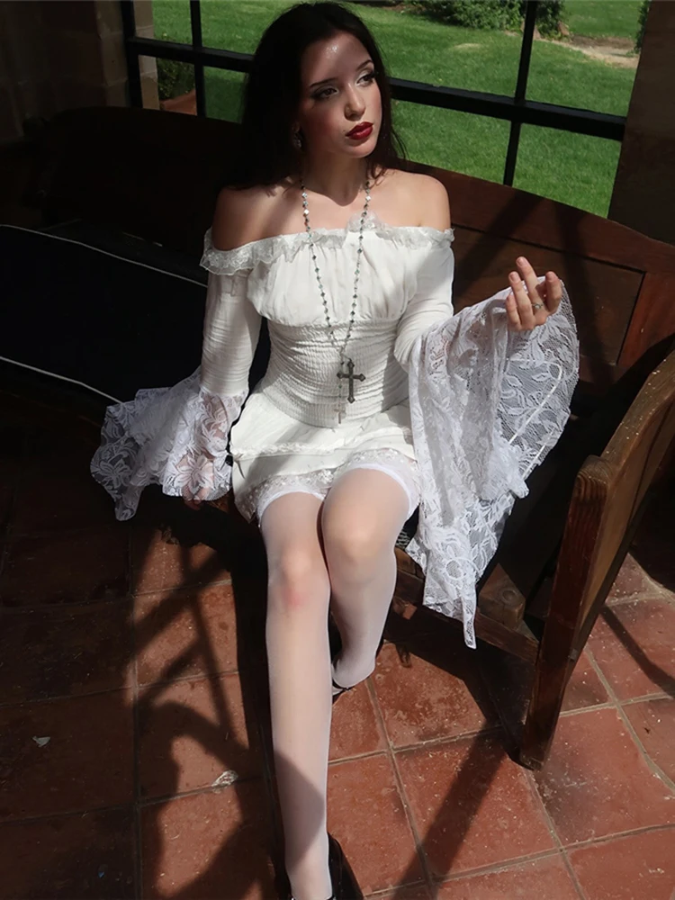 Nibber retalhos vestido de renda feminino em camadas bainha slash neck manga alargamento dobras decoração cruzada estilo lolita doce mini bodycon