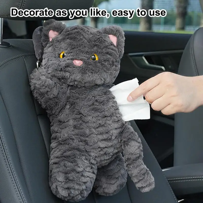 Cartoon Black Cat Plush Car Tissue Holder Hangable Auto Mounted Napkin Holder 2 In 1 Car Tissue Box And Trash Can Organizer