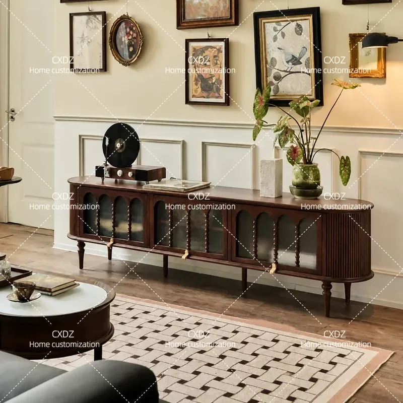 Retro style solid wood floor TV cabinet American storage locker living room integrated high-end ripple TV cabinet
