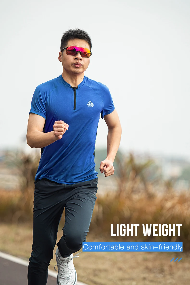 Aonijie fm5158 Mann männlich Sport schnell trocknendes T-Shirt mit Rundhals ausschnitt Reiß verschluss kurze Ärmel atmungsaktive Tops für Fitness-Radfahren – Detail 4